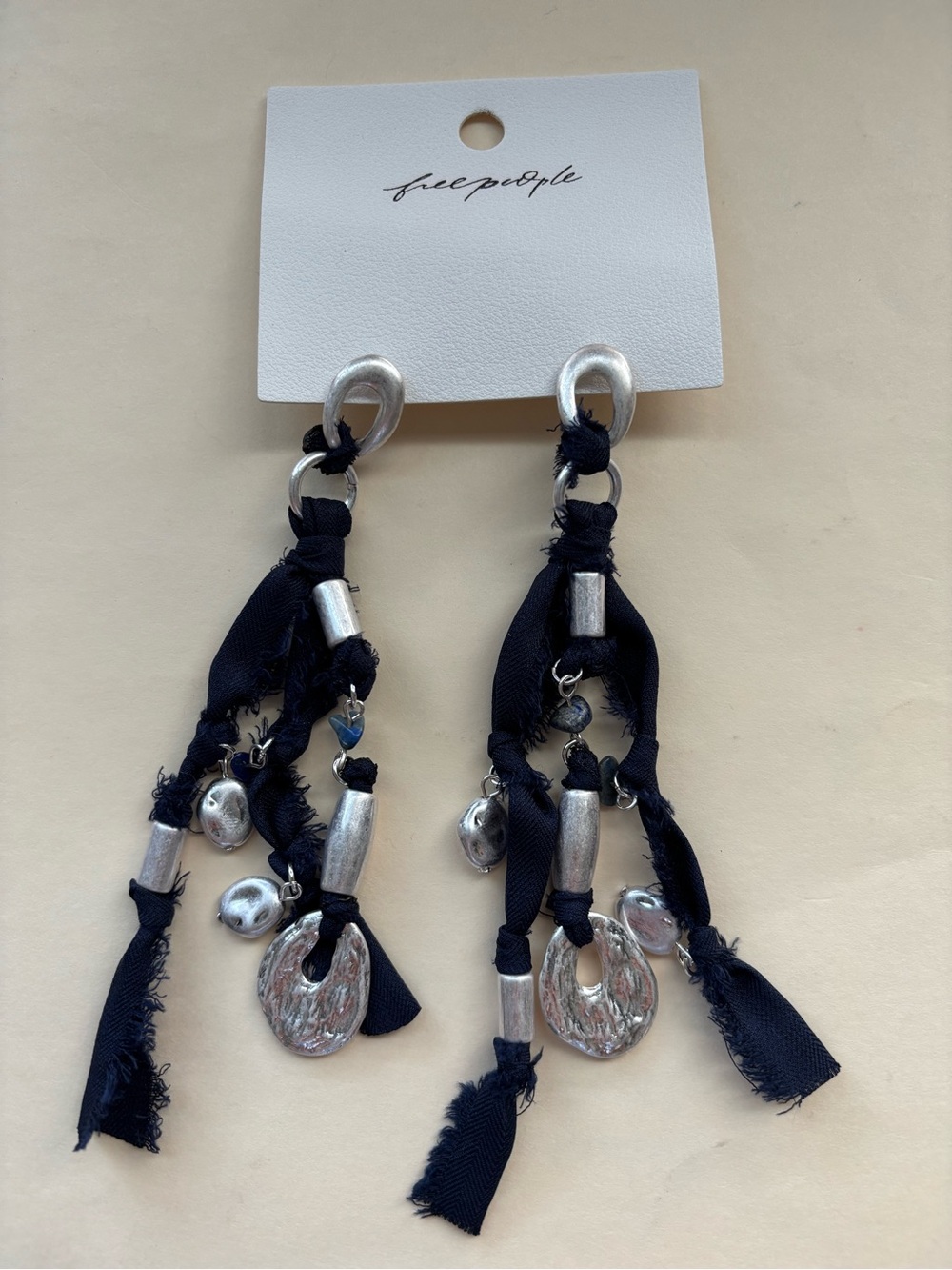 Free People Bohemian Navy Fabric & Silver Charm Drop Earrings, NWT - Picture 2 of 3